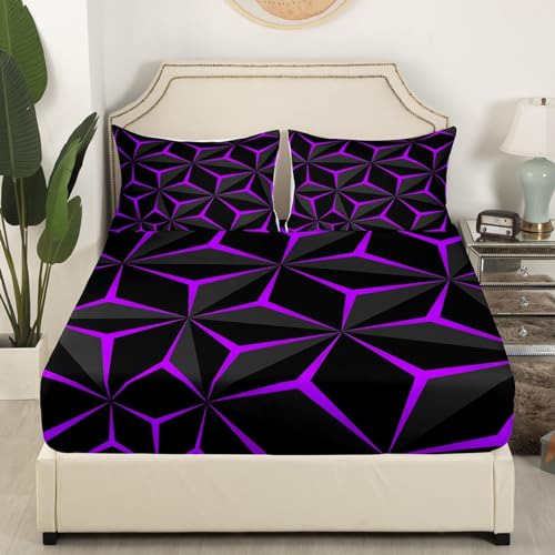 Neon Honeycomb Sheet Set King Size - Geometric 3D Purple Bedding for Teens & Adults - Multi 107