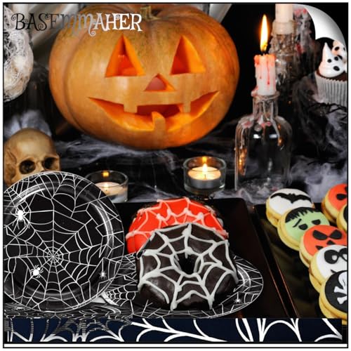 Halloween Spider Web Paper Plates Set - Disposable Black & White Party Dinnerware for 12