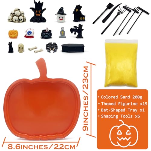 Halloween Pumpkin Zen Garden Desk Decor - Gothic Spooky Coffin Tray with Figurines Variation of PUMPKIN