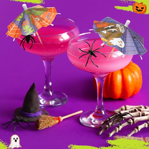100 Pcs Summer Halloween Cocktail Umbrellas & Cake Topper Picks - Tropical Spooky Party Decor