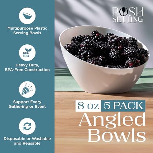 White Angled Plastic Serving Bowls - 8oz Small Set of 5 Disposable Party Tableware