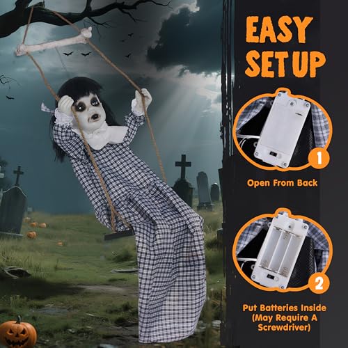 Halloween Outdoor Hanging Swing Girl Decor with Creepy Sound and Light-Up Eyes
