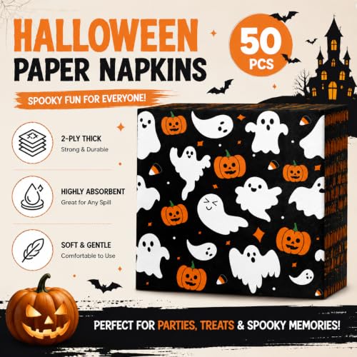 Halloween Ghost Pumpkin Paper Napkins - 50 Pack, 6.5in Spooky Party Decor