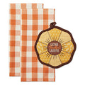 Fall Kitchen Decor Dish Towel & Potholder Set Sunflowers Orange Buffalo Check - 3 Piece