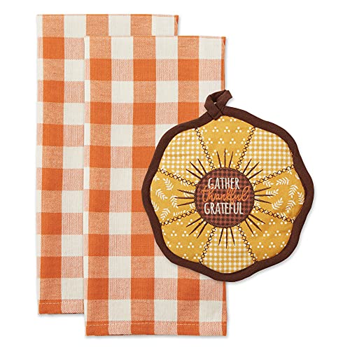 Fall Kitchen Decor Dish Towel & Potholder Set Sunflowers Orange Buffalo Check - 3 Piece