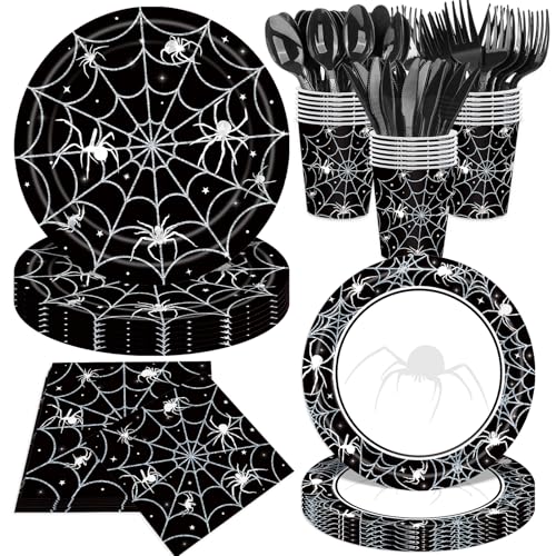 Halloween Party Supplies Set for 20 Guests | Spider Web Plates, Napkins, Cups & Utensils