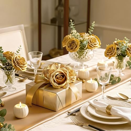 Gold Artificial Roses Bouquet - 14 Silk Roses with Bendable Stems