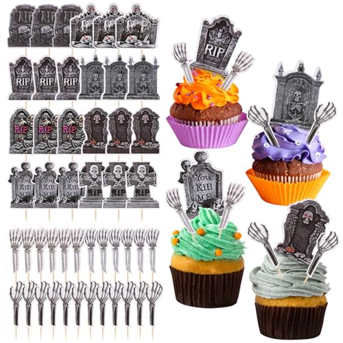 Halloween Cupcake Toppers Set - Tombstone & Skeleton Zombie Hand Picks, 48 Pcs