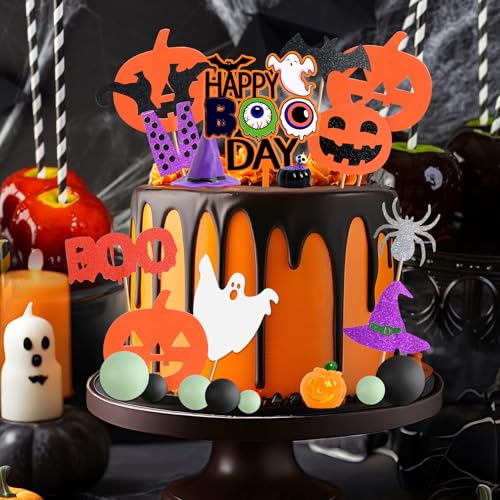 Halloween Cake Decorations Set with Pumpkins, Ghosts, Witches & Boo Signs