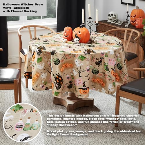 Halloween Witches Brew Vinyl Round Tablecloth - 70 Inch with Ghost & Pumpkin Design - Witches Brew Variation