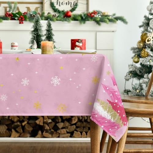 Horaldaily Pink Tree Border Christmas Tablecloth 60x120 Inch Rectangular Washable Seasonal Table Cover - Light Pink Variation