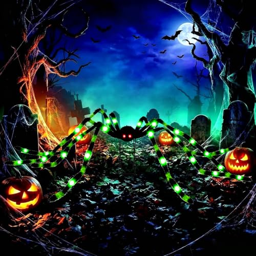 6.6 Ft Giant Black & Green Halloween Spider with 36 LED Lights & Metal Stand - 1 Pack