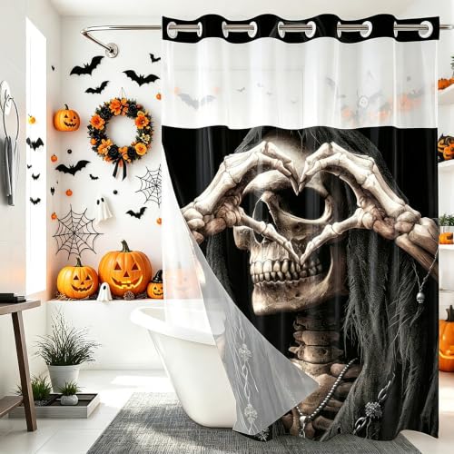 No Hook Halloween Skull Shower Curtain with Snap-In Liner - Gothic Skeleton Bathroom Decor - Axkl Variation