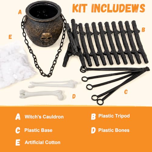 ELAMAS Halloween Witch Cauldron with Tripod - Color-Changing Lighted Fireplace Decor