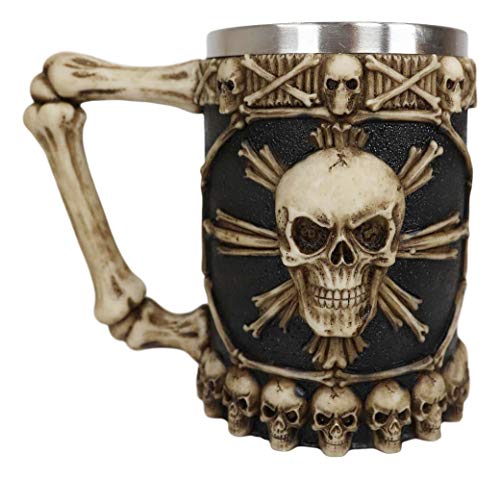 Skeleton Skull Beer Stein Mug 20oz - Pirate Cross Bones Drinkware with Bony Handle