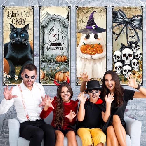 Halloween Hanging Banner 4PCS Black Cat Skull Ghosts Haunted Mansion Decor