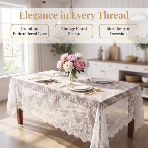 White Lace Tablecloth 60x120 Inch - 2-Pack Elegant Wedding Decor - Variation of B-White / 2