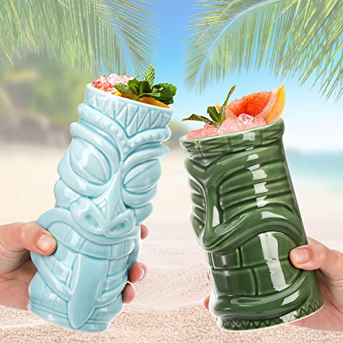 Ceramic Tiki Mug Set 4-Pack - Hawaiian Party Cocktail Cups 16-20oz