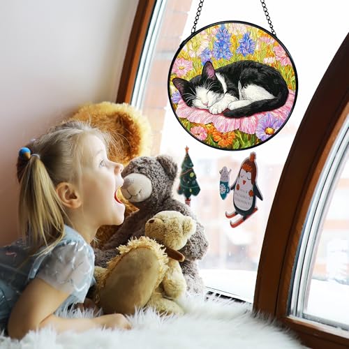 Cat Flower Stained Glass Window Hanging – Handcrafted Sun Catcher with Metal Frame, 7.9 Inches