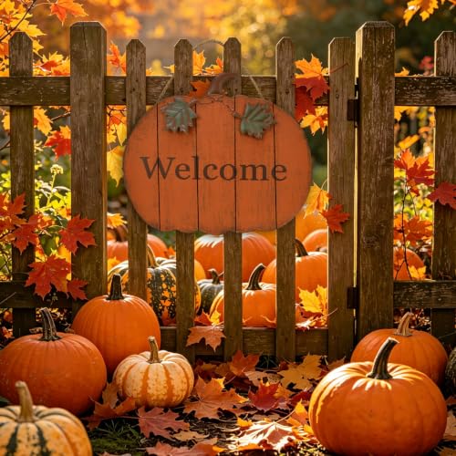 Small Wooden Pumpkin Welcome Sign Hanging Fall Decor for Front Door