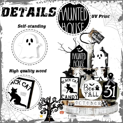 Halloween Tiered Tray Decor Set with Ghost and Bat Wooden Signs - 15 Pieces - Variation: Ghost Bat