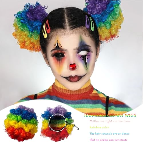 Rainbow Clown Wig Set with Face Gems - 2 Pcs Afro Puff Bow Extensions for Cosplay & Parade