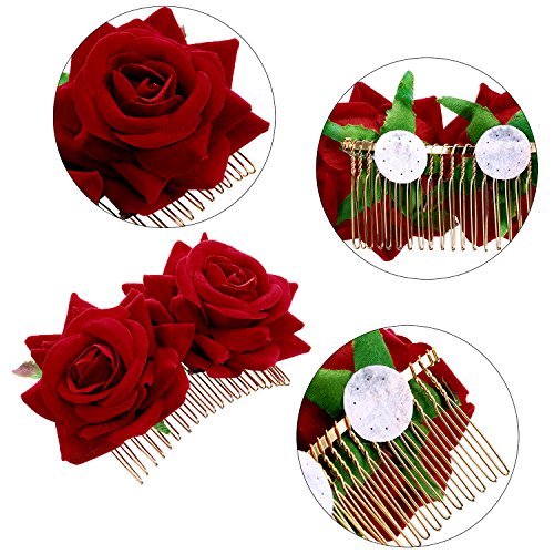 Women Red Rose Flower Hair Clips - Flamenco & Party Side Comb Set