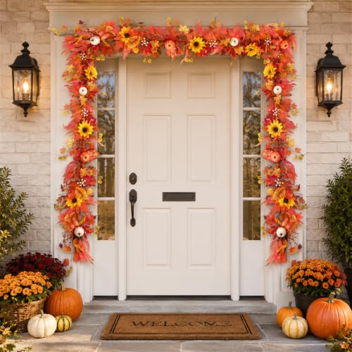 Fall Orange Lighted Garland with Leaves Pumpkins Sunflowers for Mantel - 6 FT