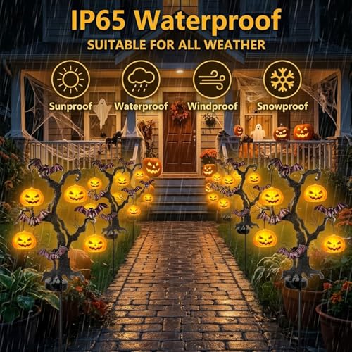 Halloween Solar Stake Lights - 2-Pack 3D Pumpkin & Iron Bat Outdoor Garden Decor - Yellow Variation