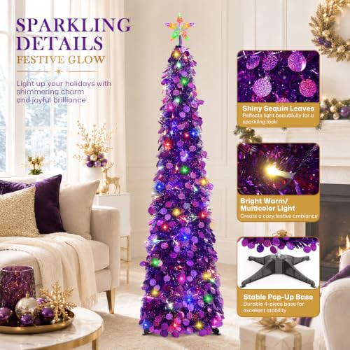 5FT Purple Lighted Christmas Tree with Star Topper - Pop-Up Holiday Decor
