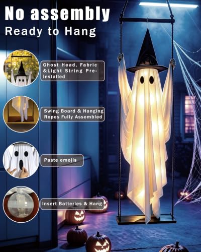Large Halloween Hanging Ghost Decor - 5.2FT Outdoor Swing Ghost with Lights & Face Customization