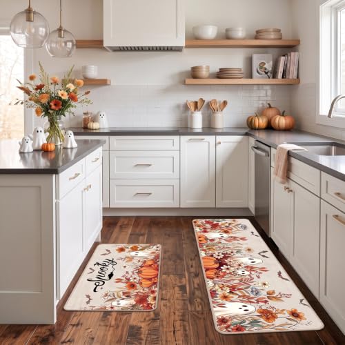 Halloween Kitchen Rugs - Pumpkin Ghost Floral Design, 2-Piece Mat Set