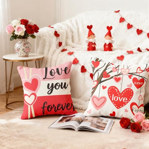Red Valentine's Day Pillow Covers 18x18 Inch Heart Throw Pillow Cases - Indoor Outdoor Decor