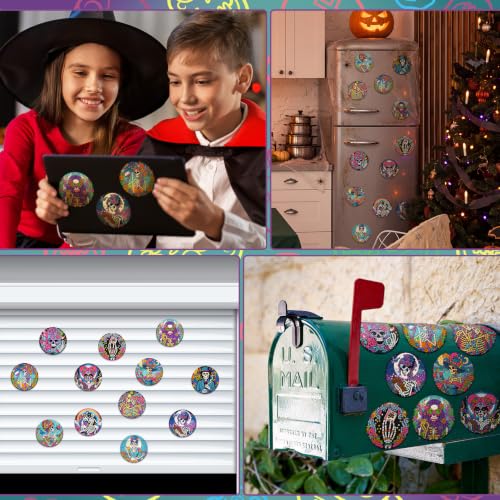 Halloween Sugar Skull Diamond Art Magnets - Multi Color Skeleton Design, 12 Pack