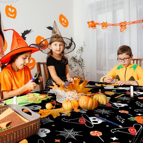 Halloween Tablecloths Pack of 3 - Black & Orange Spooky Design 54x108 Inches