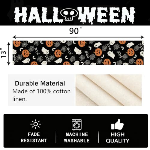 Halloween Table Runner Boo Ghost Pumpkin Black 13x90 Inches - Spooky Kitchen Decor
