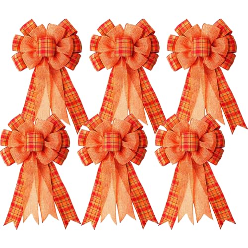 Iceyyyy 6 Pcs Large Thanksgiving Buffalo Plaid Wreath Bows - Fall Orange Decor