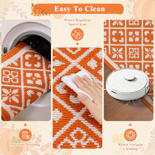 Fall Kitchen Rug Set of 3 - Washable Orange Autumn Runner with Non-Slip Backing - Argyle Style