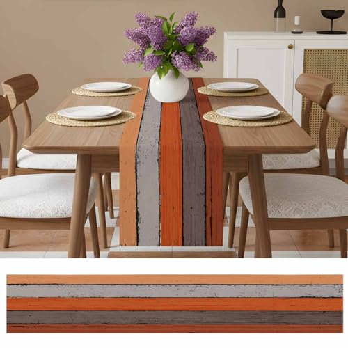 Farmhouse Cotton Linen Table Runner - 13x90 Inch Rustic Orange & Gray Decor