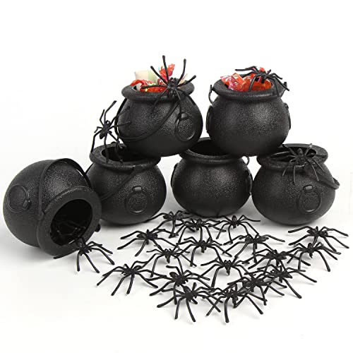 Mini Black Cauldron Candy Buckets with Spiders Halloween Decor 6pcs