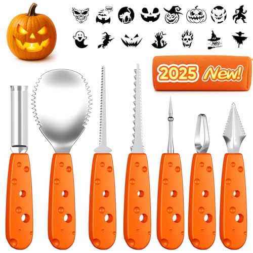 22-Piece Stainless Steel Pumpkin Carving Kit with Stencils & Storage Bag - Halloween DIY Tools