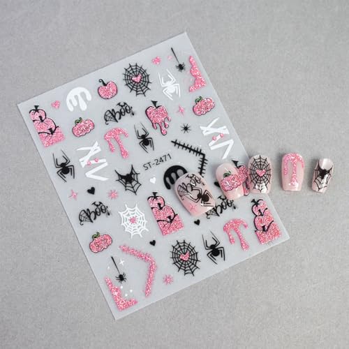 Halloween Nail Art Stickers 3D Self-Adhesive Decals Pumpkin Bat Ghost Pink Glitter - Variation of This Listing 4