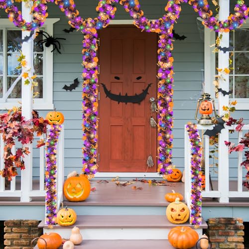 32FT Halloween Tinsel Garland with LED Lights - Pumpkin, Spider, Bat Decorations for Indoor Outdoor Parties
