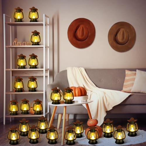 Mini Cowboy Hat Lanterns Set - Rustic LED Candle Decor for Weddings & Parties