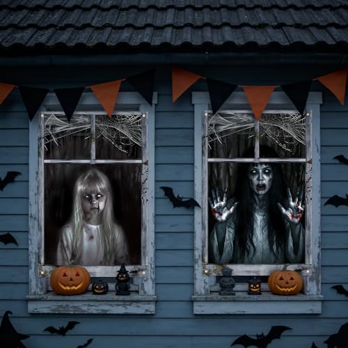 Halloween Window Curtain Cover Set - Scary Bloody Ghost Haunted House Decor
