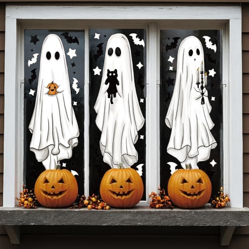 Halloween Ghost Window Clings Set – Large Spooky Decor for Indoor & Office Windows, 3 Sheets