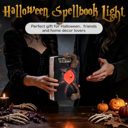 Halloween Spellbook Statue with LED Eyeball and Snake Variation - Spooky Resin Table Decor