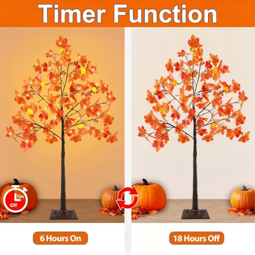 TURNMEON 2 Pack 4ft Prelit Fall Maple Trees with Pumpkins & Acorns - Outdoor Halloween Decor