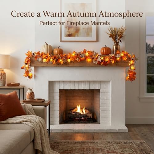 6 FT Fall Garland with Lights - Autumn Decor with Timer - Orange