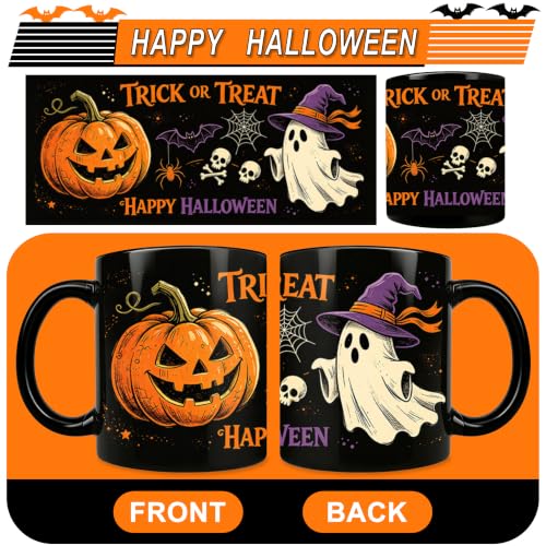 Halloween Coffee Mug - Trick or Treat Ghost Skeleton Bat Web - 11oz Black
